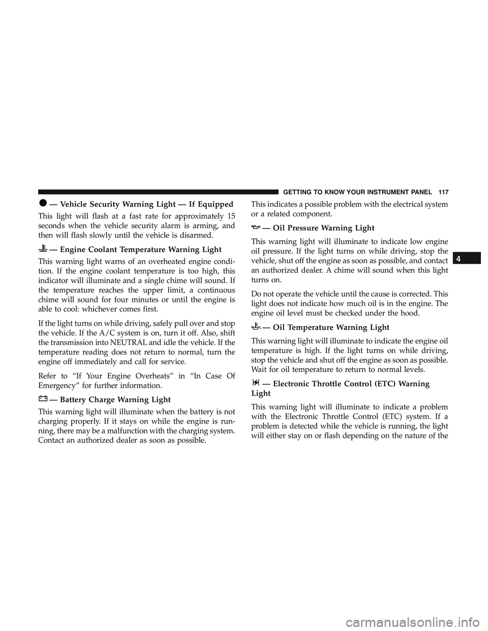 DODGE CHALLENGER 2019  Owners Manual — Vehicle Security Warning Light — If Equipped
This light will flash at a fast rate for approximately 15
seconds when the vehicle security alarm is arming, and
then will flash slowly until the veh