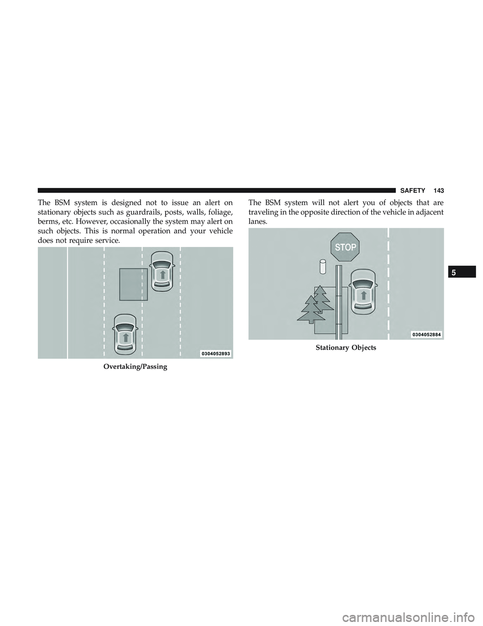 DODGE CHALLENGER 2019  Owners Manual The BSM system is designed not to issue an alert on
stationary objects such as guardrails, posts, walls, foliage,
berms, etc. However, occasionally the system may alert on
such objects. This is normal
