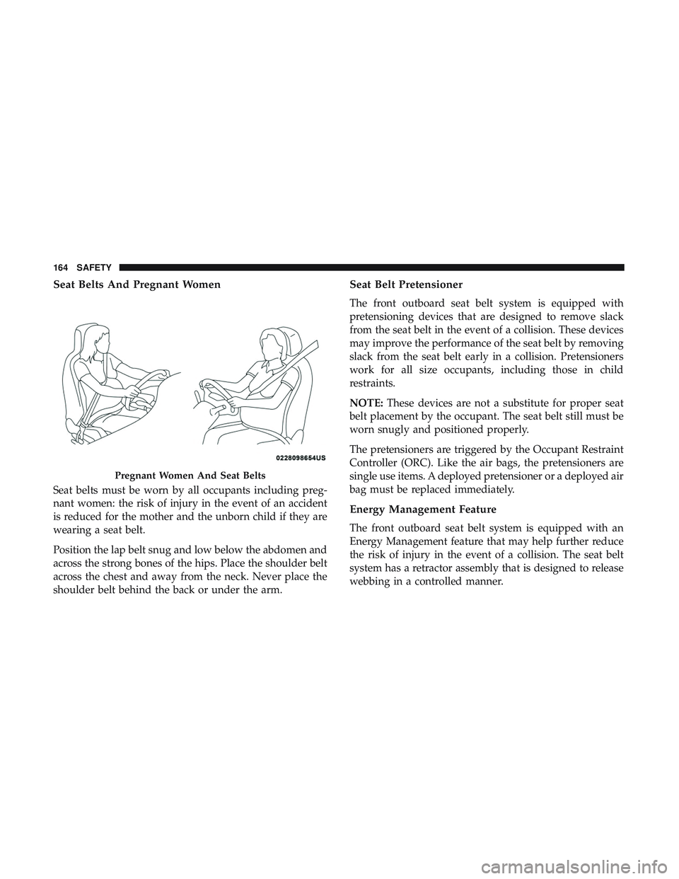 DODGE CHALLENGER 2019  Owners Manual Seat Belts And Pregnant Women
Seat belts must be worn by all occupants including preg-
nant women: the risk of injury in the event of an accident
is reduced for the mother and the unborn child if they