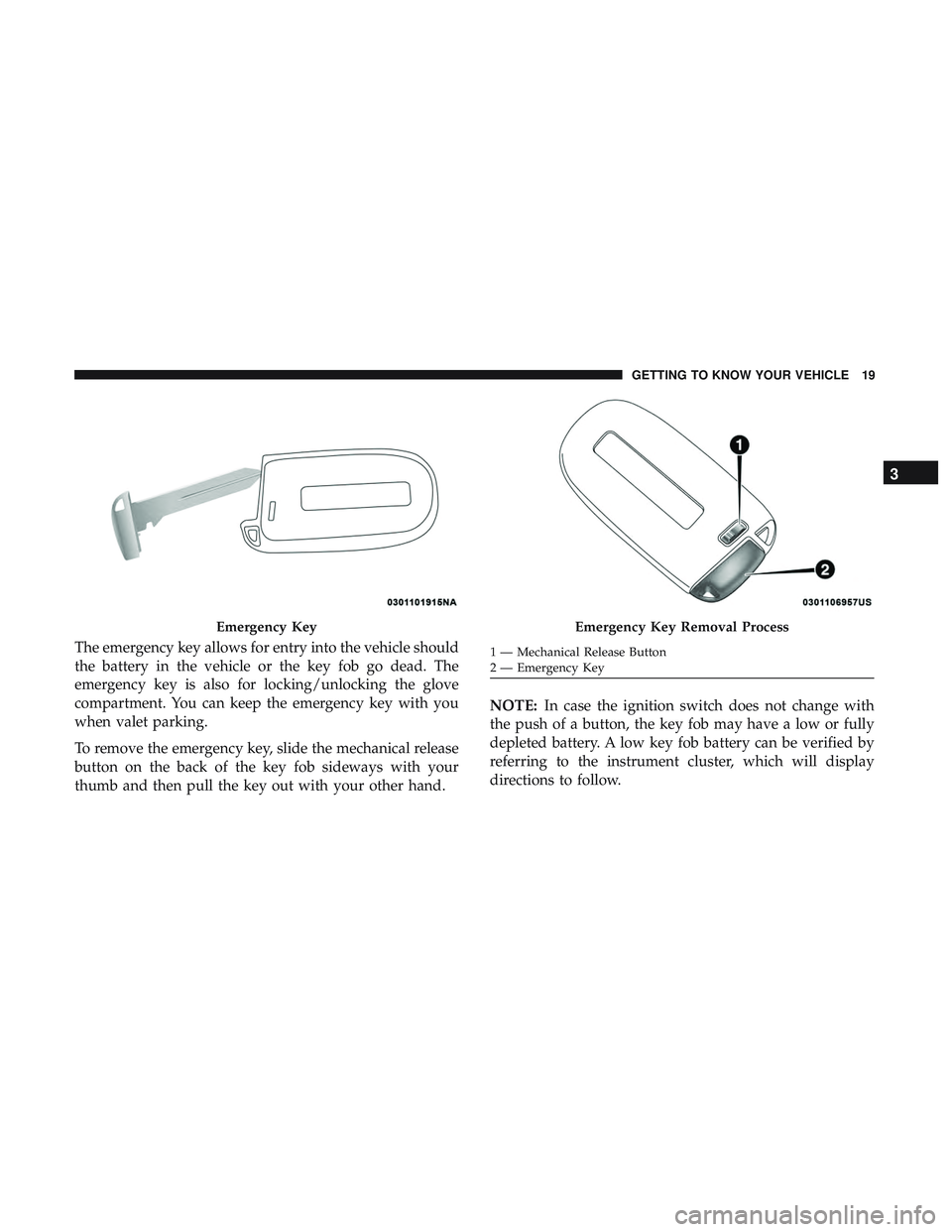 DODGE CHALLENGER 2019 Owners Manual The emergency key allows for entry into the vehicle should
the battery in the vehicle or the key fob go dead. The
emergency key is also for locking/unlocking the glove
compartment. You can keep the em DODGE CHALLENGER 2019 Owners Manual The emergency key allows for entry into the vehicle should
the battery in the vehicle or the key fob go dead. The
emergency key is also for locking/unlocking the glove
compartment. You can keep the em