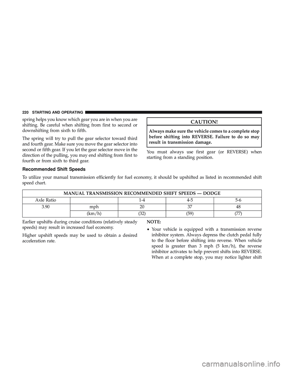 DODGE CHALLENGER 2019  Owners Manual spring helps you know which gear you are in when you are
shifting. Be careful when shifting from first to second or
downshifting from sixth to fifth.
The spring will try to pull the gear selector towa