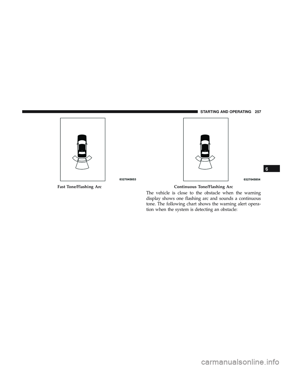 DODGE CHALLENGER 2019  Owners Manual The vehicle is close to the obstacle when the warning
display shows one flashing arc and sounds a continuous
tone. The following chart shows the warning alert opera-
tion when the system is detecting 
