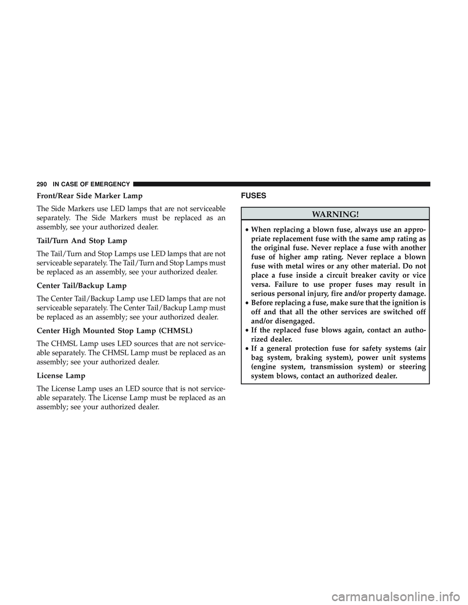 DODGE CHALLENGER 2019  Owners Manual Front/Rear Side Marker Lamp
The Side Markers use LED lamps that are not serviceable
separately. The Side Markers must be replaced as an
assembly, see your authorized dealer.
Tail/Turn And Stop Lamp
Th