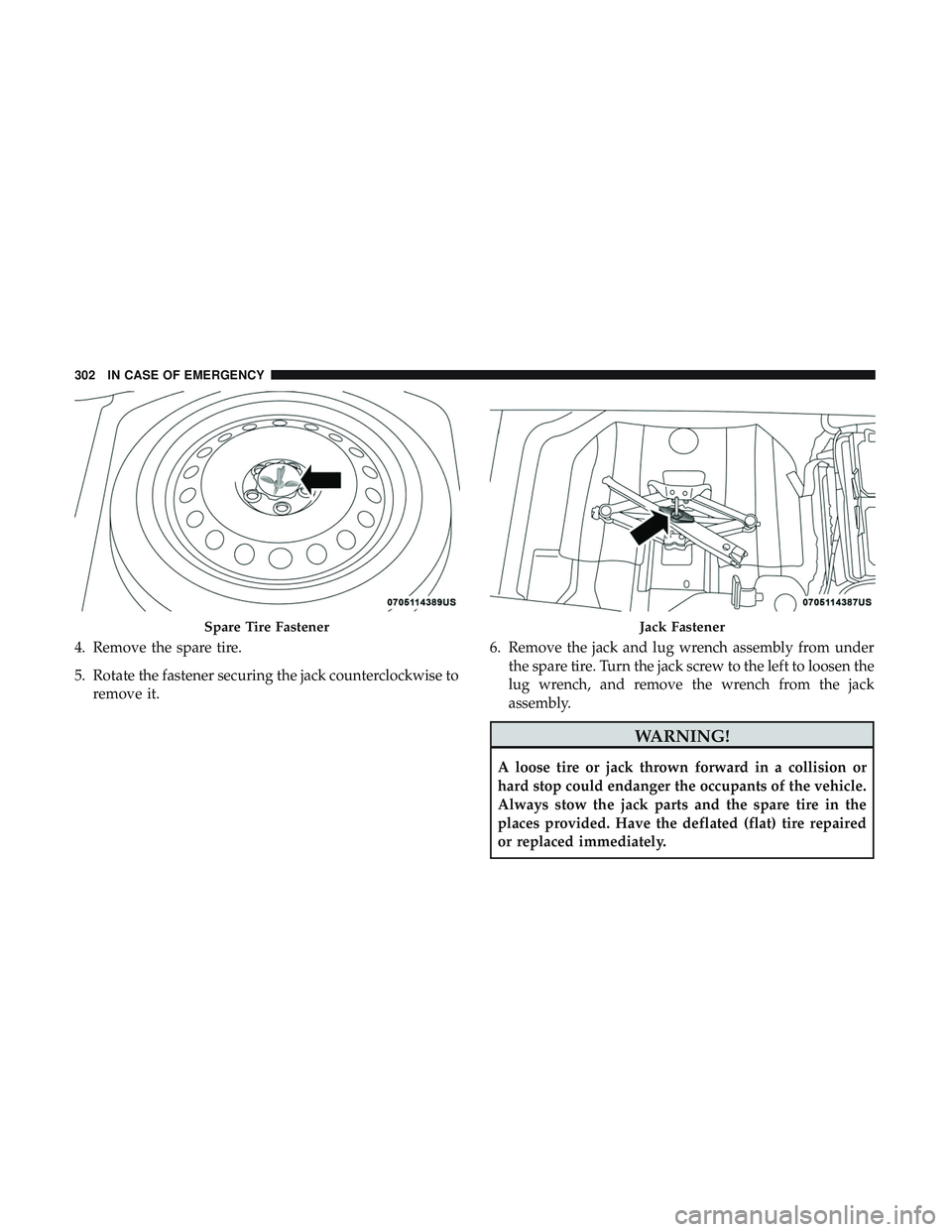 DODGE CHALLENGER 2019  Owners Manual 4. Remove the spare tire.
5. Rotate the fastener securing the jack counterclockwise toremove it. 6. Remove the jack and lug wrench assembly from under
the spare tire. Turn the jack screw to the left t