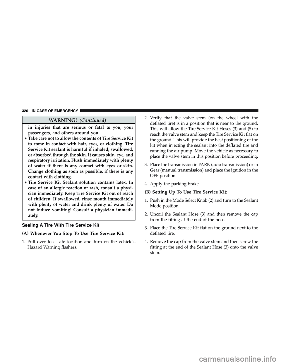 DODGE CHALLENGER 2019  Owners Manual WARNING!(Continued)
in injuries that are serious or fatal to you, your
passengers, and others around you.
• Take care not to allow the contents of Tire Service Kit
to come in contact with hair, eyes