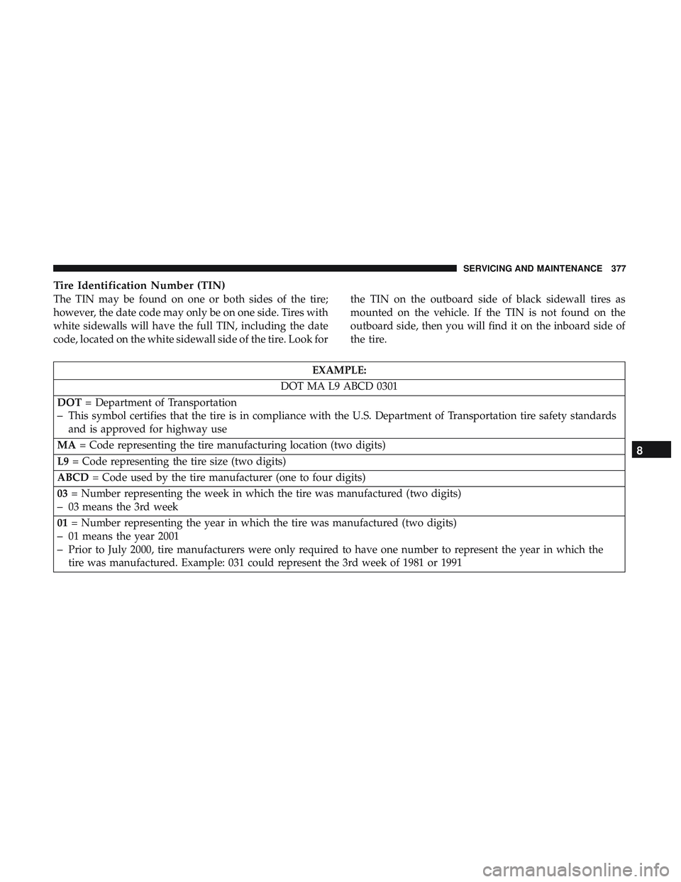 DODGE CHALLENGER 2019  Owners Manual Tire Identification Number (TIN)
The TIN may be found on one or both sides of the tire;
however, the date code may only be on one side. Tires with
white sidewalls will have the full TIN, including the