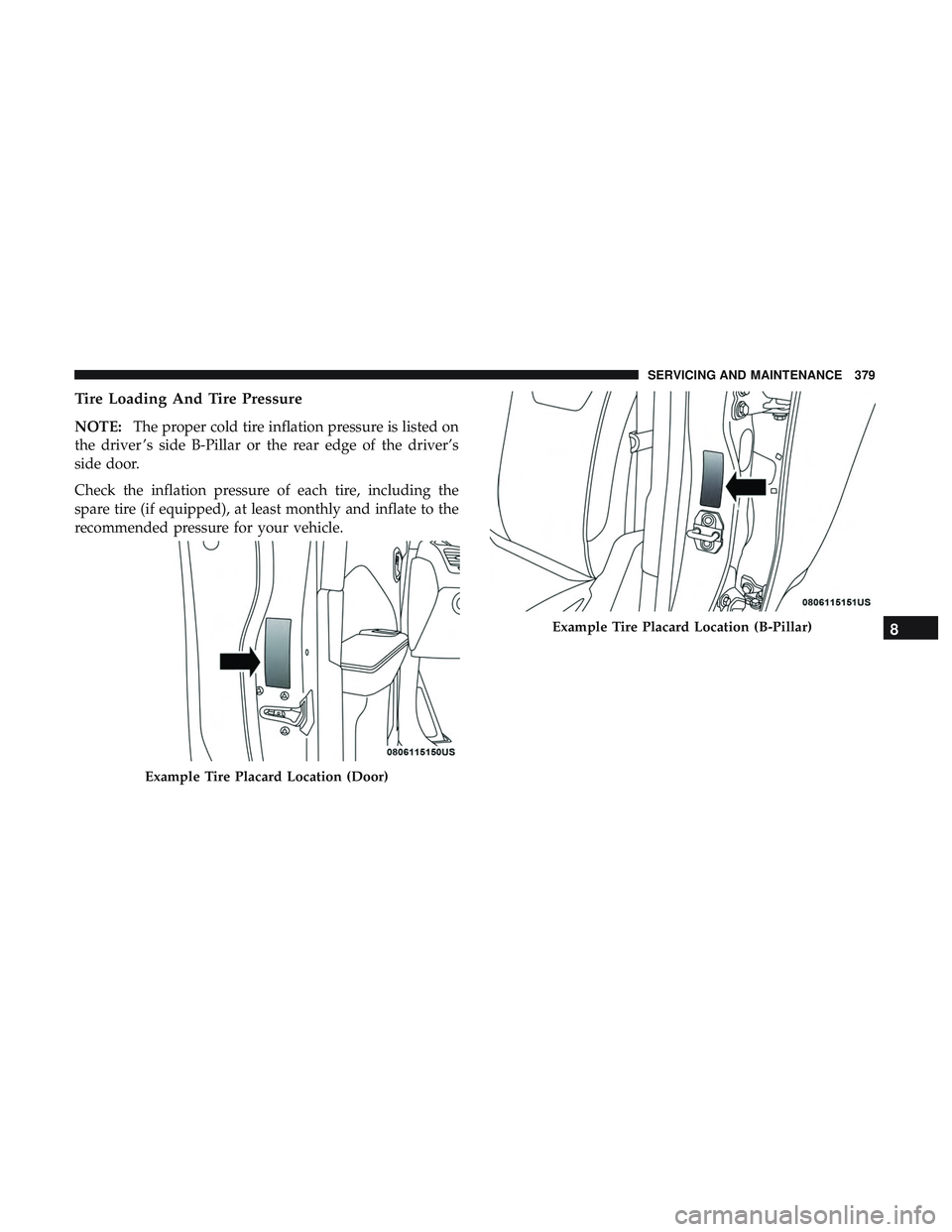 DODGE CHALLENGER 2019  Owners Manual Tire Loading And Tire Pressure
NOTE:The proper cold tire inflation pressure is listed on
the driver ’s side B-Pillar or the rear edge of the driver’s
side door.
Check the inflation pressure of eac