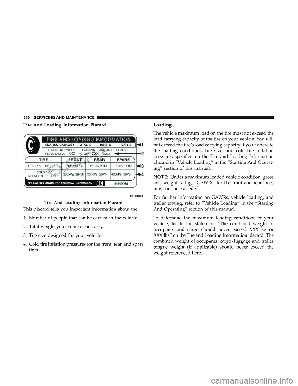 DODGE CHALLENGER 2019  Owners Manual Tire And Loading Information Placard
This placard tells you important information about the:
1. Number of people that can be carried in the vehicle.
2. Total weight your vehicle can carry.
3. Tire siz