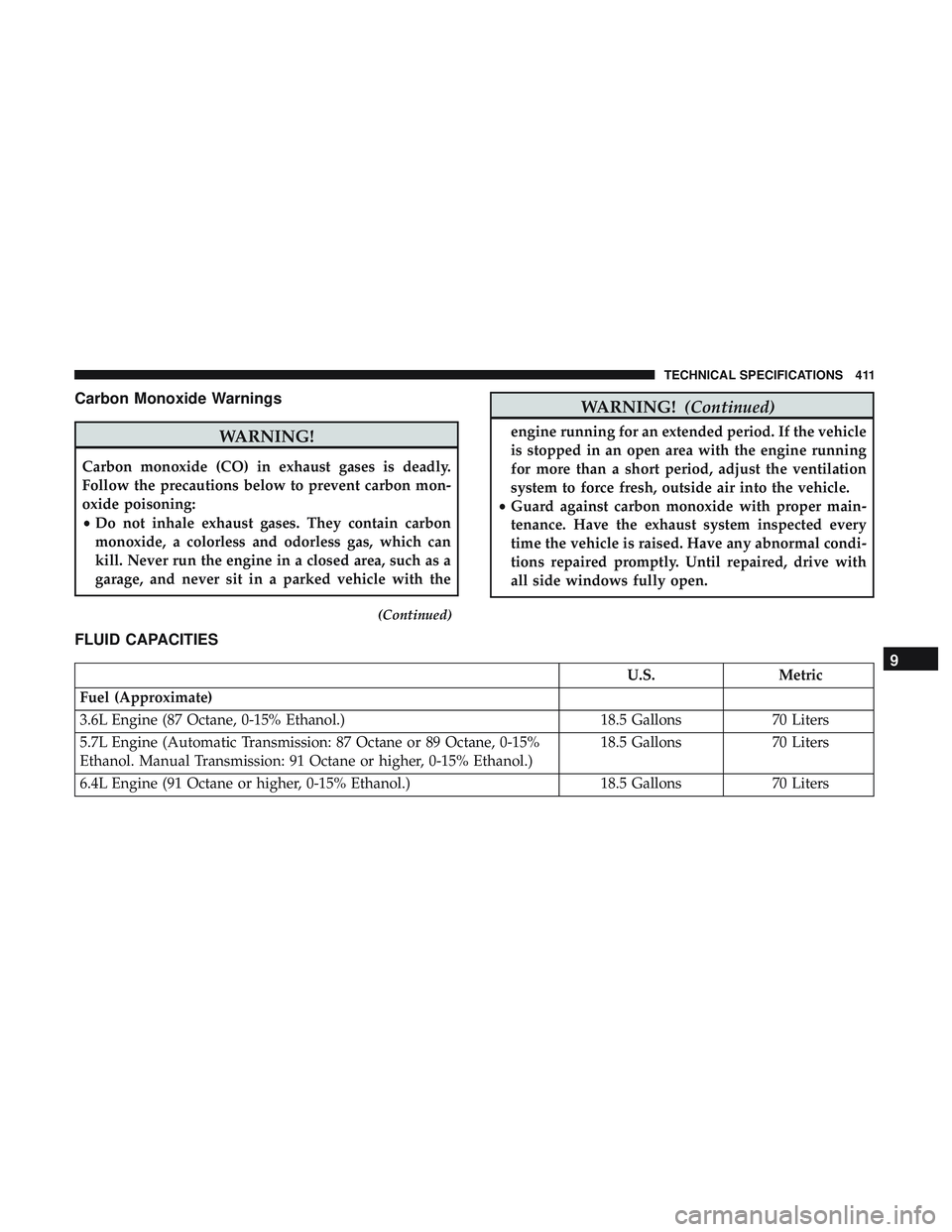 DODGE CHALLENGER 2019 Service Manual Carbon Monoxide Warnings
WARNING!
Carbon monoxide (CO) in exhaust gases is deadly.
Follow the precautions below to prevent carbon mon-
oxide poisoning:
•Do not inhale exhaust gases. They contain car