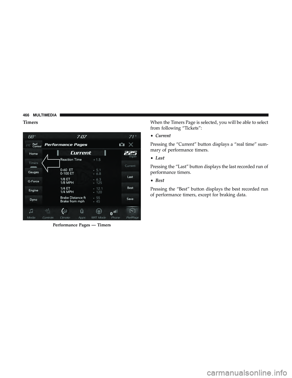 DODGE CHALLENGER 2019 Owners Manual TimersWhen the Timers Page is selected, you will be able to select
from following “Tickets”:
•Current
Pressing the “Current” button displays a “real time” sum-
mary of performance timers DODGE CHALLENGER 2019 Owners Manual TimersWhen the Timers Page is selected, you will be able to select
from following “Tickets”:
•Current
Pressing the “Current” button displays a “real time” sum-
mary of performance timers