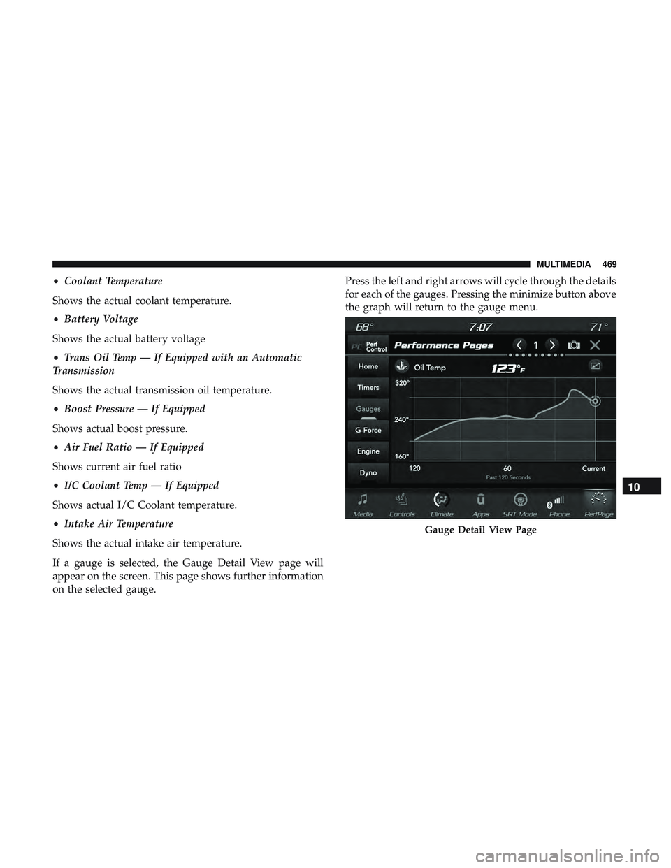 DODGE CHALLENGER 2019 Owners Manual •Coolant Temperature
Shows the actual coolant temperature.
• Battery Voltage
Shows the actual battery voltage
• Trans Oil Temp — If Equipped with an Automatic
Transmission
Shows the actual tra DODGE CHALLENGER 2019 Owners Manual •Coolant Temperature
Shows the actual coolant temperature.
• Battery Voltage
Shows the actual battery voltage
• Trans Oil Temp — If Equipped with an Automatic
Transmission
Shows the actual tra