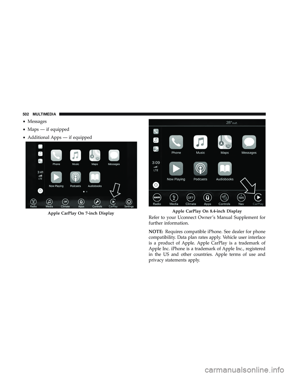 DODGE CHALLENGER 2019  Owners Manual •Messages
• Maps — if equipped
• Additional Apps — if equipped
Refer to your Uconnect Owner ’s Manual Supplement for
further information.
NOTE:Requires compatible iPhone. See dealer for ph