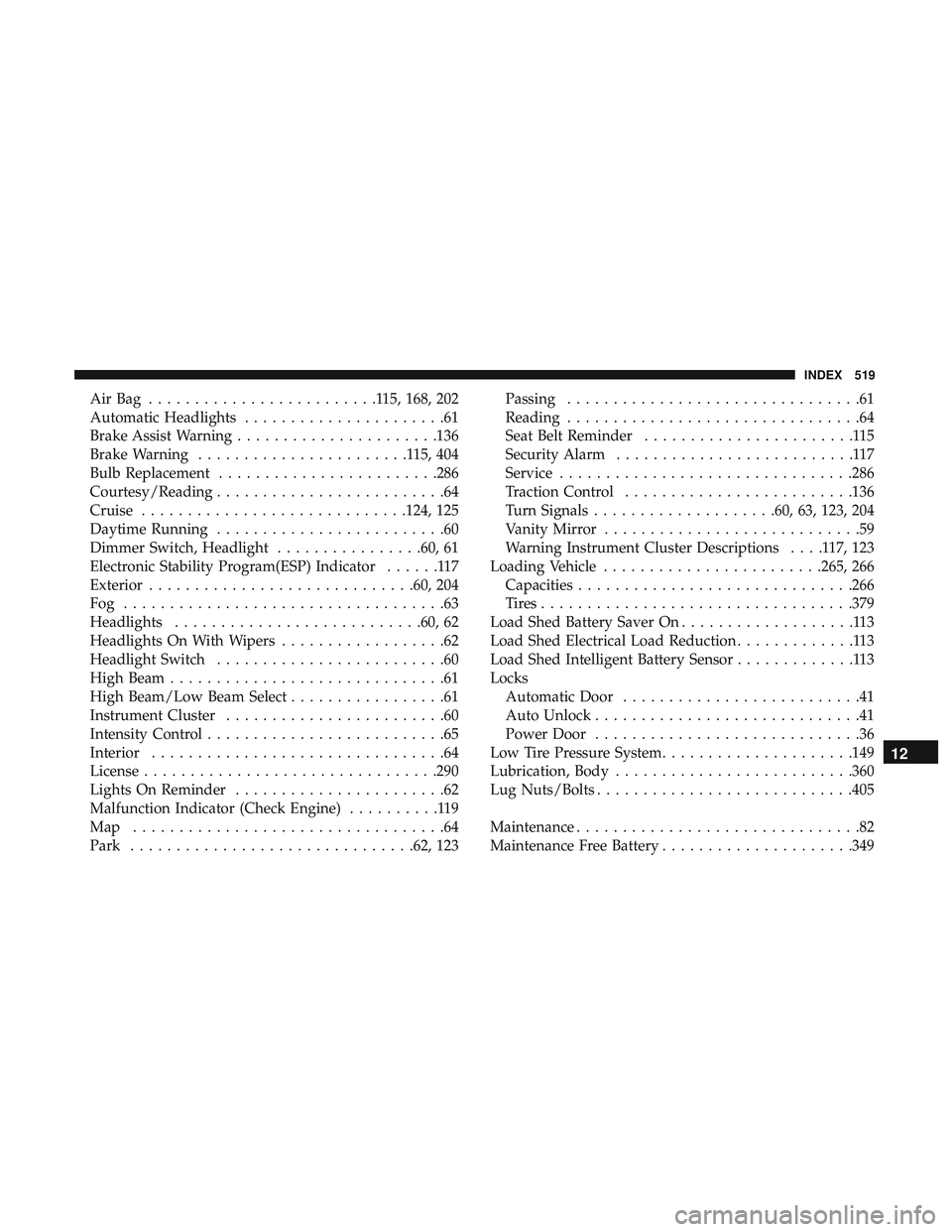DODGE CHALLENGER 2019 Owners Guide AirBag .........................115,168, 202
Automatic Headlights ......................61
Brake Assist Warning ..................... .136
Brake Warning .......................115,404
Bulb Replacement DODGE CHALLENGER 2019 Owners Guide AirBag .........................115,168, 202
Automatic Headlights ......................61
Brake Assist Warning ..................... .136
Brake Warning .......................115,404
Bulb Replacement