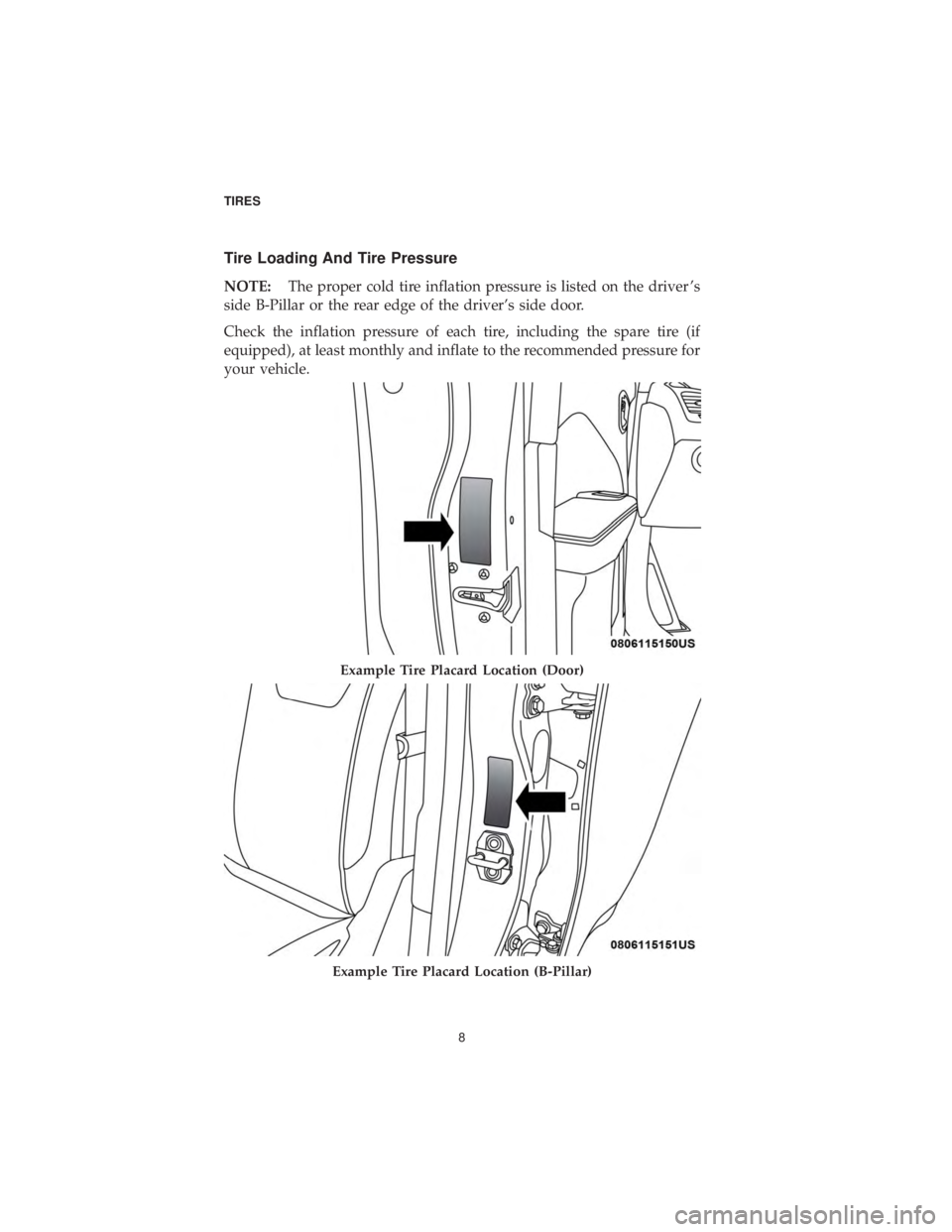 DODGE CHALLENGER 2019 Vehicle Warranty Tire Loading And Tire Pressure
NOTE:The proper cold tire inflation pressure is listed on the driver ’s
side B-Pillar or the rear edge of the driver’s side door.
Check the inflation pressure of eac DODGE CHALLENGER 2019 Vehicle Warranty Tire Loading And Tire Pressure
NOTE:The proper cold tire inflation pressure is listed on the driver ’s
side B-Pillar or the rear edge of the driver’s side door.
Check the inflation pressure of eac