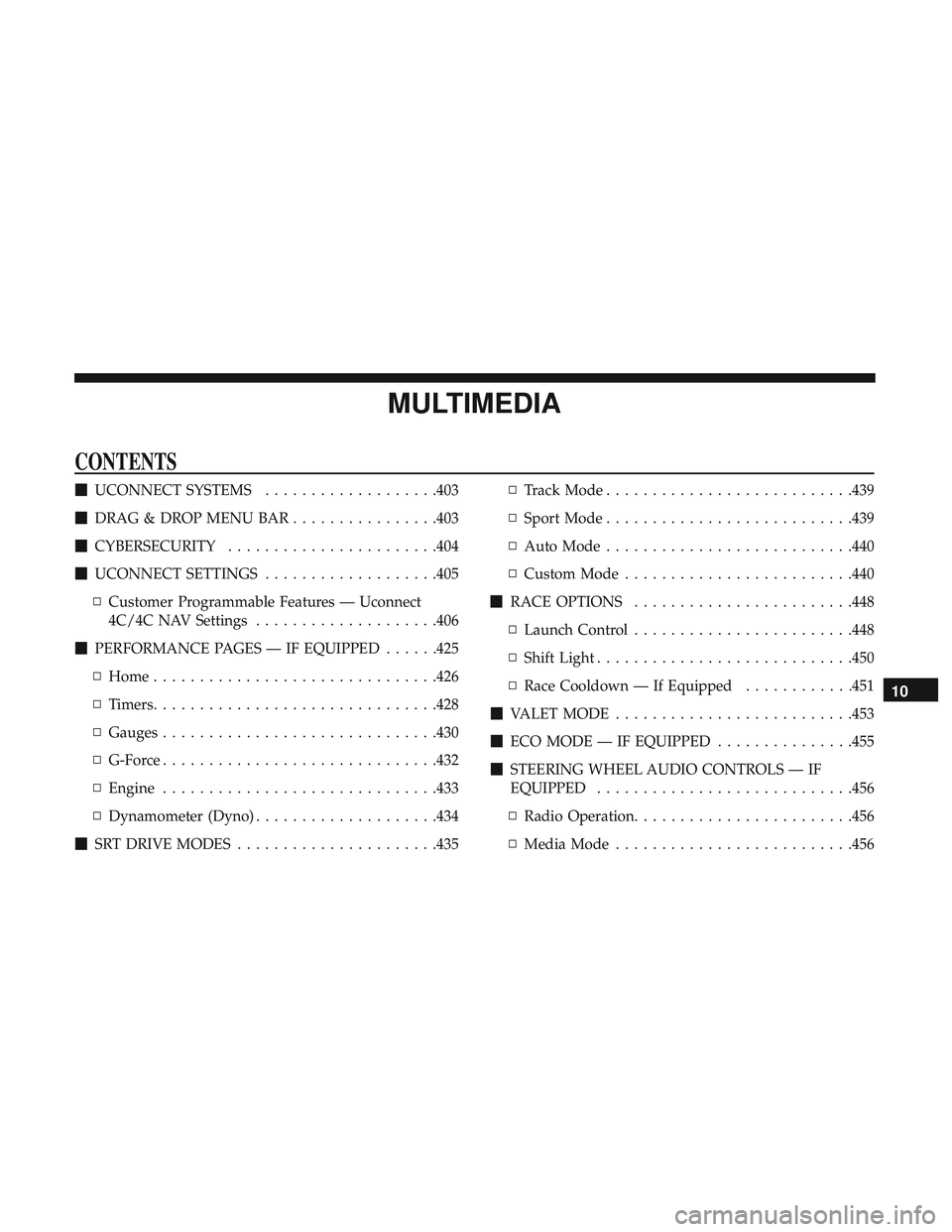 DODGE CHALLENGER SRT 2019  Owners Manual MULTIMEDIA
CONTENTS
UCONNECT SYSTEMS ...................403
 DRAG & DROP MENU BAR ................403
 CYBERSECURITY .......................404
 UCONNECT SETTINGS ...................405
▫ Custom