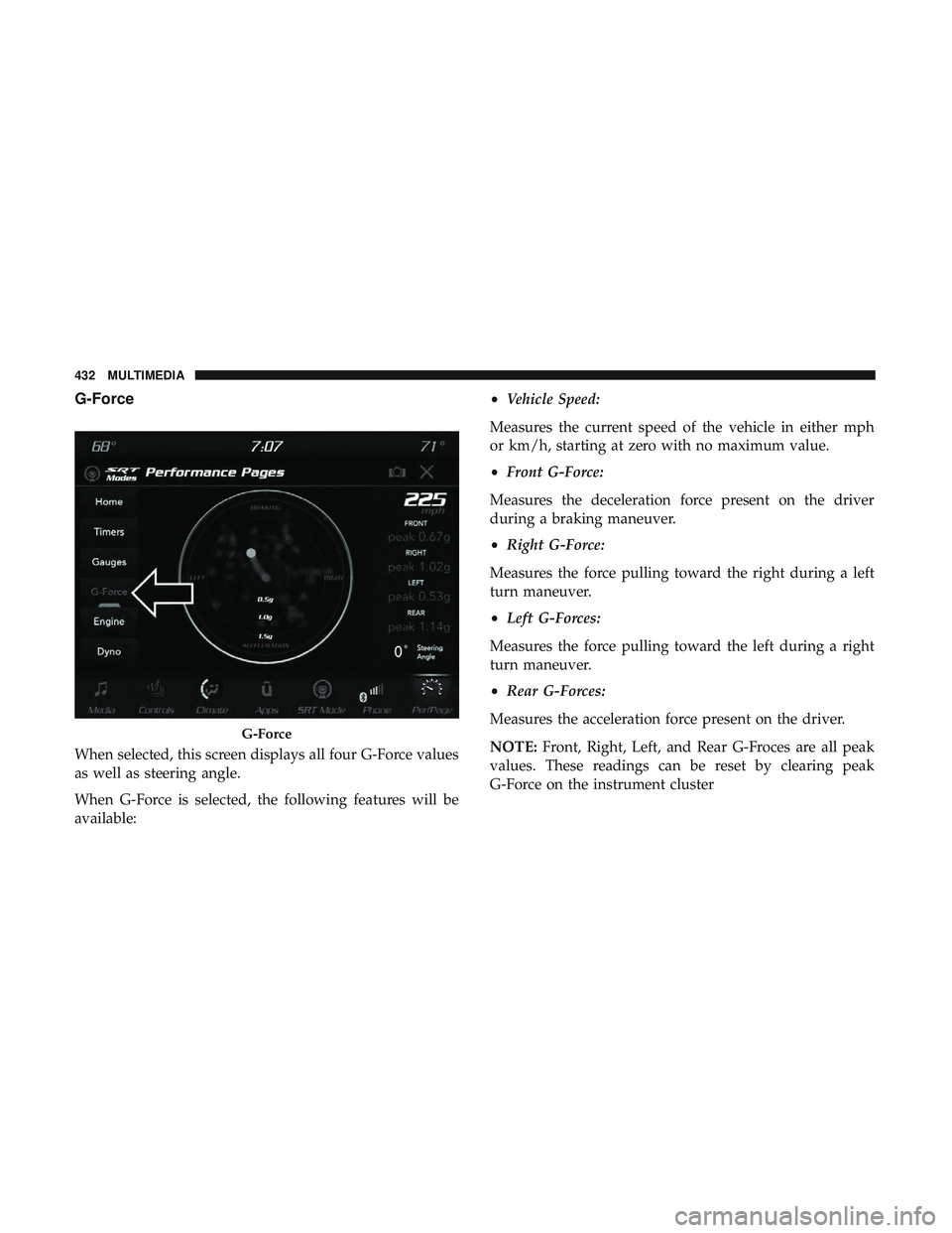 DODGE CHALLENGER SRT 2019 Owners Manual G-Force
When selected, this screen displays all four G-Force values
as well as steering angle.
When G-Force is selected, the following features will be
available:•
Vehicle Speed:
Measures the curren DODGE CHALLENGER SRT 2019 Owners Manual G-Force
When selected, this screen displays all four G-Force values
as well as steering angle.
When G-Force is selected, the following features will be
available:•
Vehicle Speed:
Measures the curren