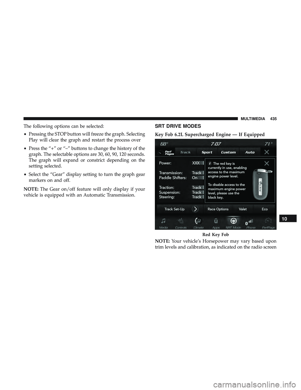 DODGE CHALLENGER SRT 2019 Owners Manual The following options can be selected:
•Pressing the STOP button will freeze the graph. Selecting
Play will clear the graph and restart the process over
• Press the “+” or “–” buttons to DODGE CHALLENGER SRT 2019 Owners Manual The following options can be selected:
•Pressing the STOP button will freeze the graph. Selecting
Play will clear the graph and restart the process over
• Press the “+” or “–” buttons to