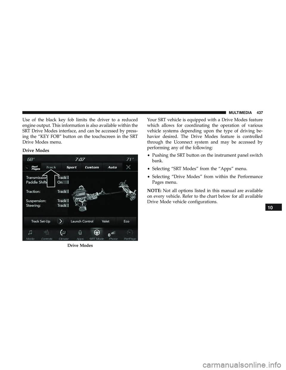 DODGE CHALLENGER SRT 2019 Owners Manual Use of the black key fob limits the driver to a reduced
engine output. This information is also available within the
SRT Drive Modes interface, and can be accessed by press-
ing the “KEY FOB” butt DODGE CHALLENGER SRT 2019 Owners Manual Use of the black key fob limits the driver to a reduced
engine output. This information is also available within the
SRT Drive Modes interface, and can be accessed by press-
ing the “KEY FOB” butt
