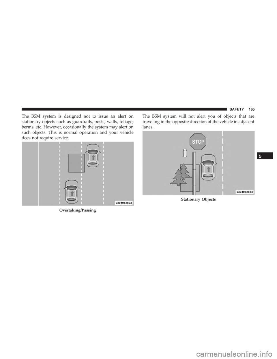 DODGE CHARGER 2019  Owners Manual The BSM system is designed not to issue an alert on
stationary objects such as guardrails, posts, walls, foliage,
berms, etc. However, occasionally the system may alert on
such objects. This is normal