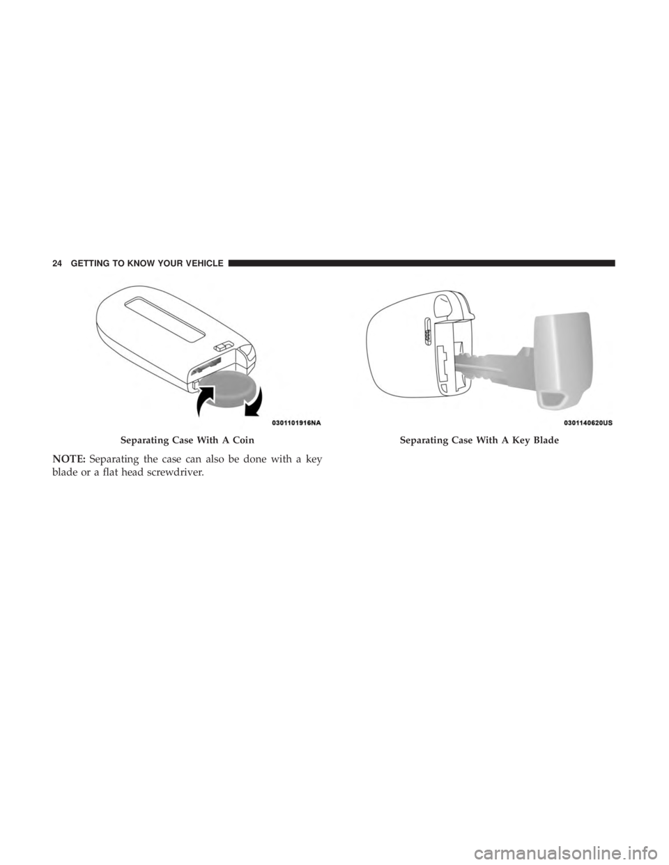 DODGE CHARGER 2019 Owners Manual Separating Case With A Coin
NOTE:Separating the case can also be done with a key
blade or a flat head screwdriver.
Separating Case With A Key Blade
24 GETTING TO KNOW YOUR VEHICLE 