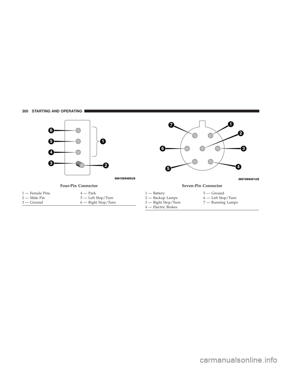 DODGE CHARGER 2019  Owners Manual Four-Pin Connector
1 — Female Pins4 — Park
2 — Male Pin 5 — Left Stop/Turn
3 — Ground 6 — Right Stop/Turn
Seven-Pin Connector
1 — Battery5 — Ground
2 — Backup Lamps 6 — Left Stop/T