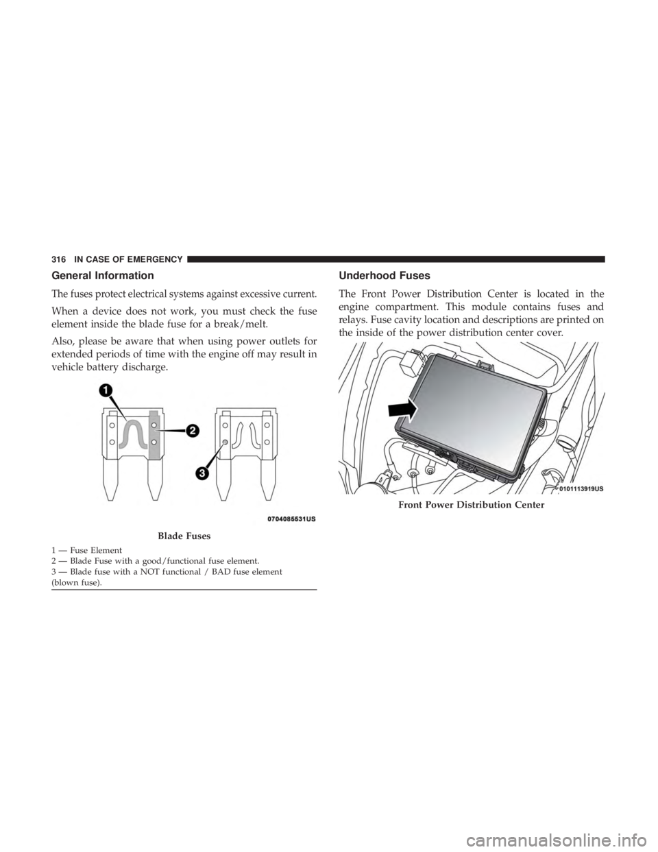 DODGE CHARGER 2019  Owners Manual General Information
The fuses protect electrical systems against excessive current.
When a device does not work, you must check the fuse
element inside the blade fuse for a break/melt.
Also, please be
