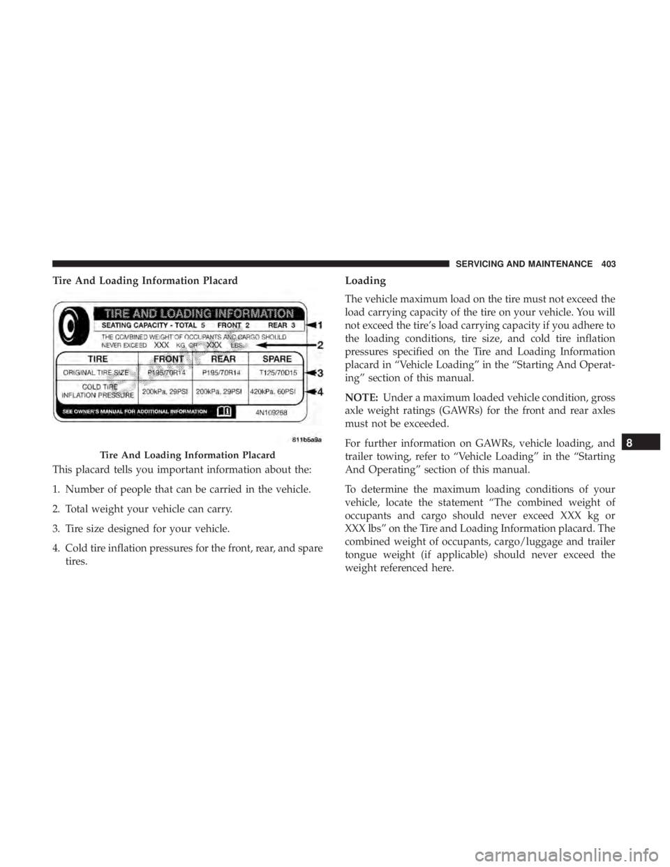 DODGE CHARGER 2019  Owners Manual Tire And Loading Information Placard
This placard tells you important information about the:
1. Number of people that can be carried in the vehicle.
2. Total weight your vehicle can carry.
3. Tire siz