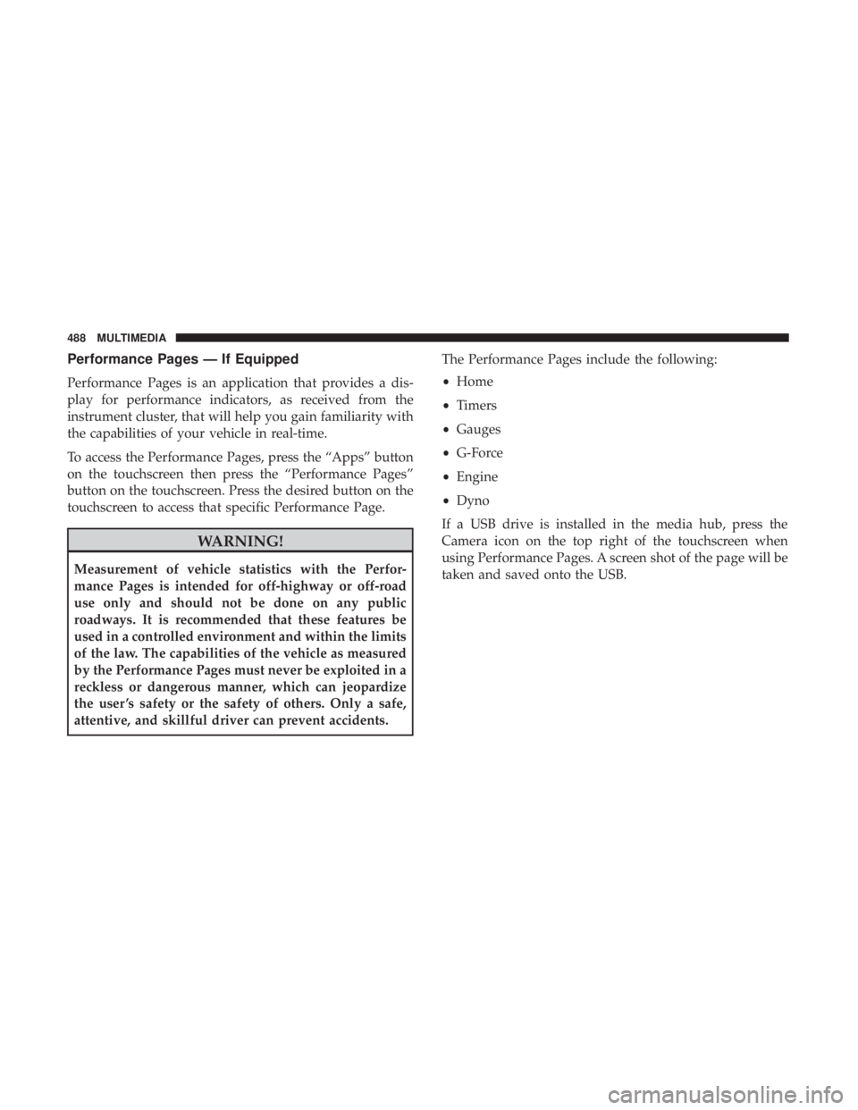 DODGE CHARGER 2019  Owners Manual Performance Pages — If Equipped
Performance Pages is an application that provides a dis-
play for performance indicators, as received from the
instrument cluster, that will help you gain familiarity