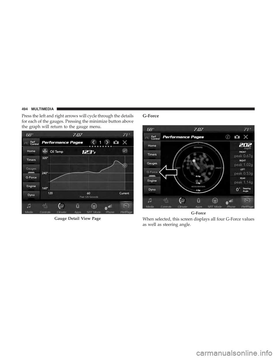 DODGE CHARGER 2019  Owners Manual Press the left and right arrows will cycle through the details
for each of the gauges. Pressing the minimize button above
the graph will return to the gauge menu.G-Force
When selected, this screen dis