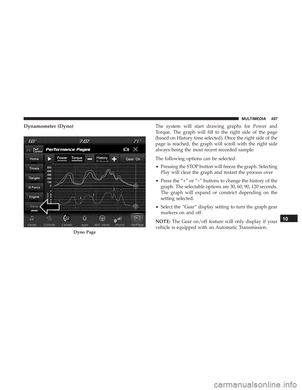 DODGE CHARGER 2019  Owners Manual Dynamometer (Dyno)The system will start drawing graphs for Power and
Torque. The graph will fill to the right side of the page
(based on History time selected). Once the right side of the
page is reac