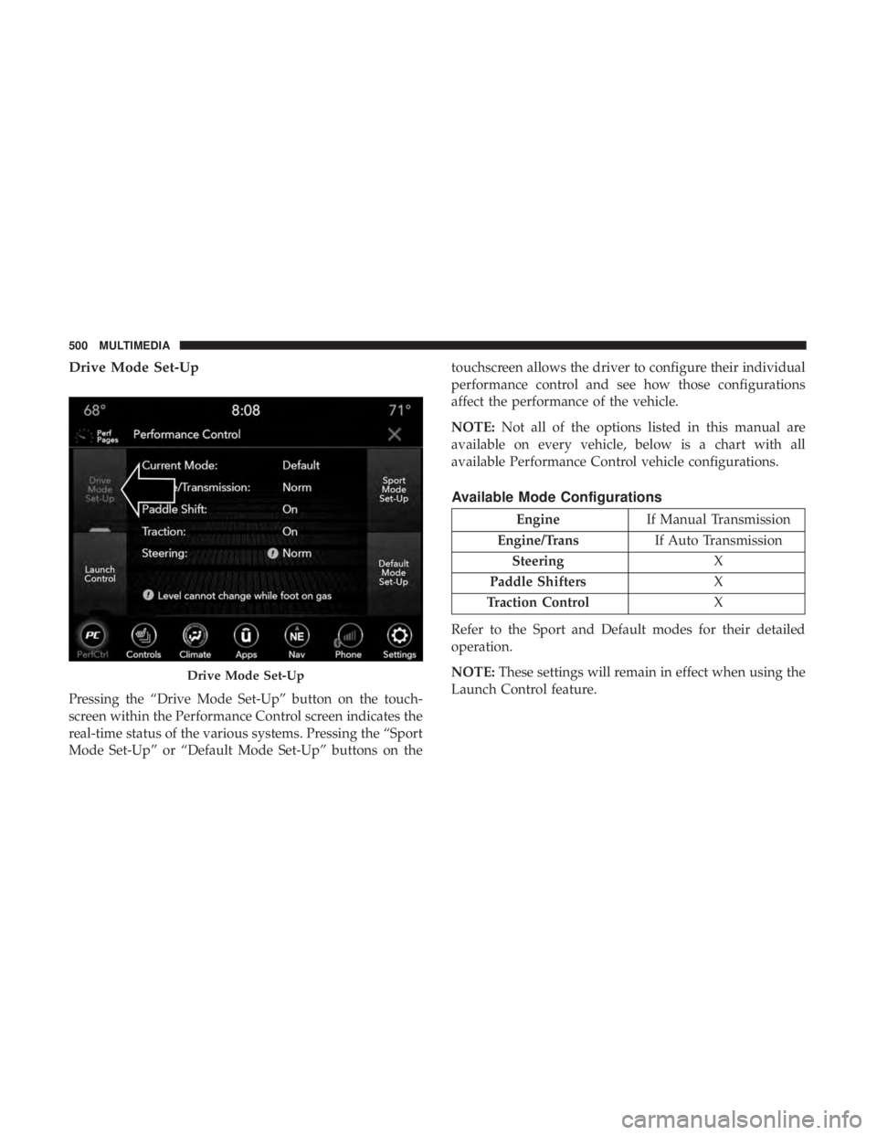 DODGE CHARGER 2019  Owners Manual Drive Mode Set-Up
Pressing the “Drive Mode Set-Up” button on the touch-
screen within the Performance Control screen indicates the
real-time status of the various systems. Pressing the “Sport
Mo