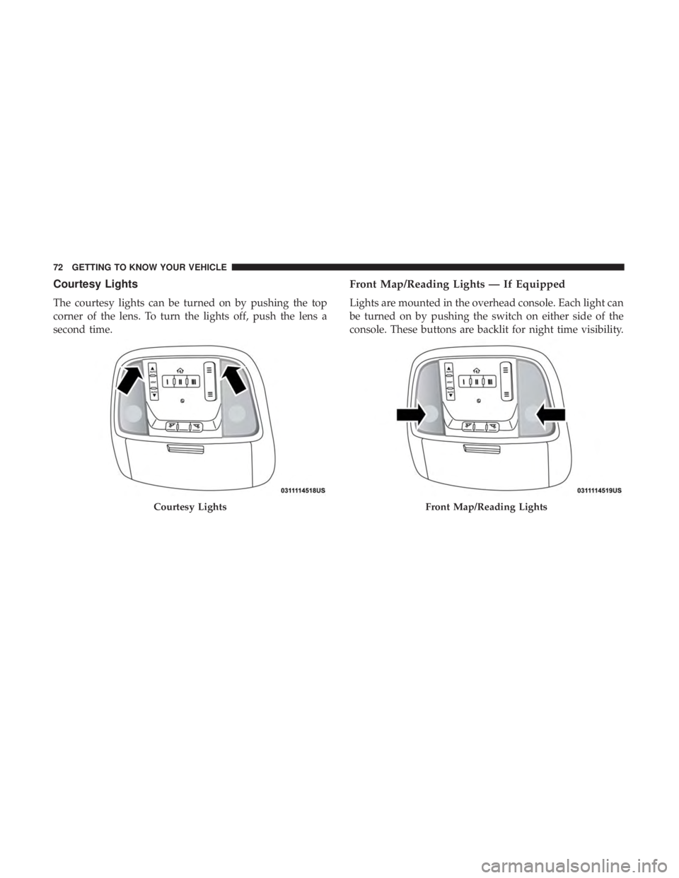 DODGE CHARGER 2019 Manual PDF Courtesy Lights
The courtesy lights can be turned on by pushing the top
corner of the lens. To turn the lights off, push the lens a
second time.
Front Map/Reading Lights — If Equipped
Lights are mou