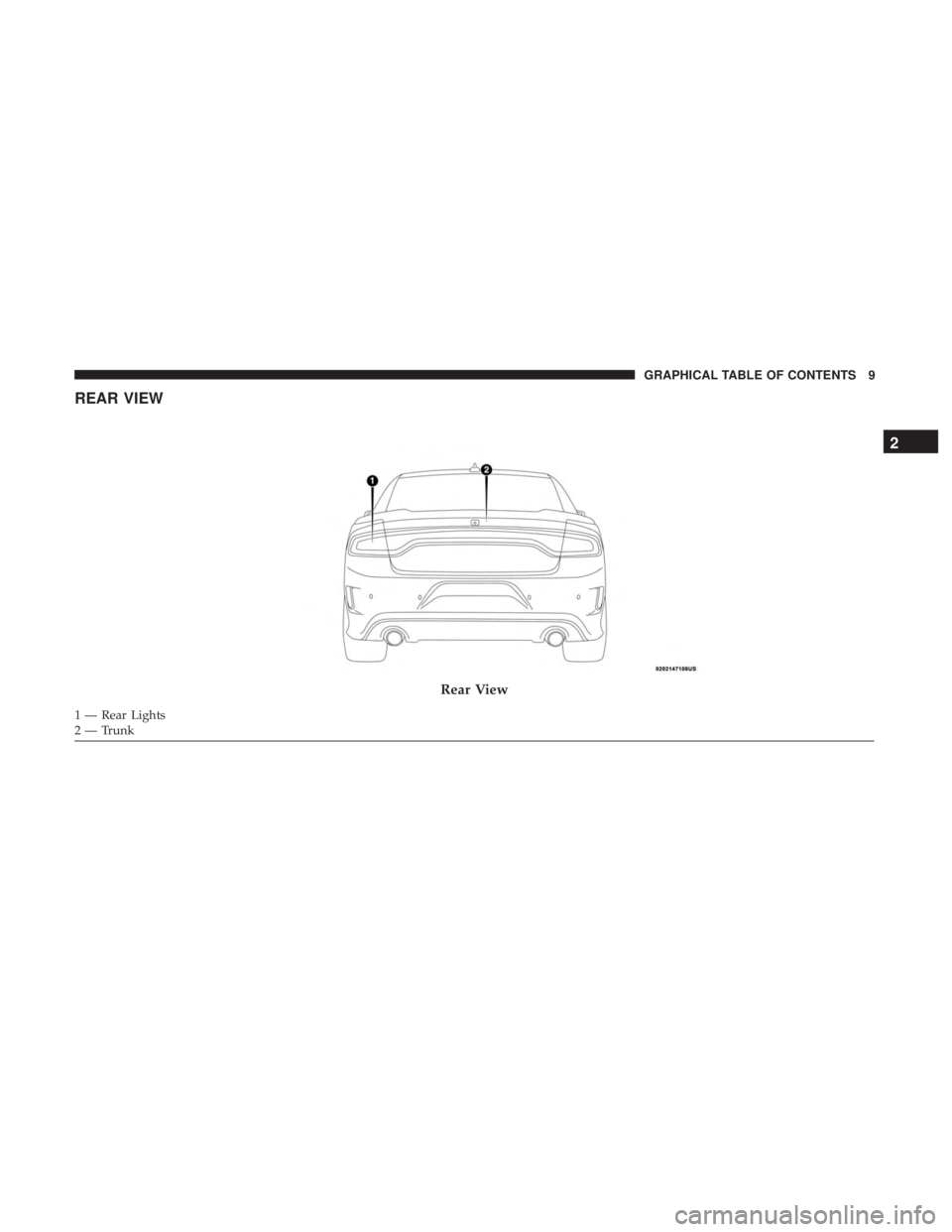 DODGE CHARGER SRT 2019 User Guide REAR VIEW
Rear View
1 — Rear Lights
2 — Trunk
2
GRAPHICAL TABLE OF CONTENTS 9 