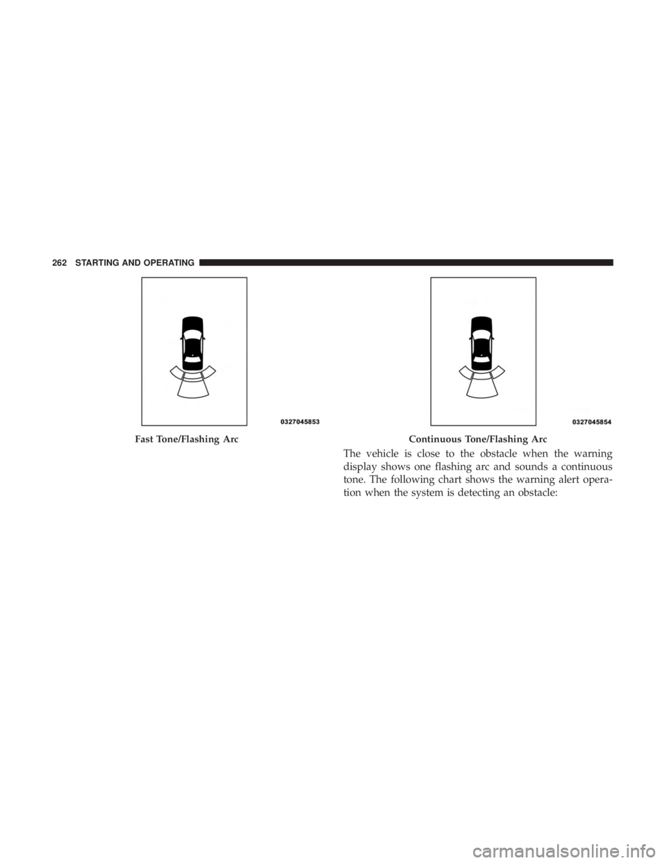 DODGE CHARGER SRT 2019  Owners Manual The vehicle is close to the obstacle when the warning
display shows one flashing arc and sounds a continuous
tone. The following chart shows the warning alert opera-
tion when the system is detecting 