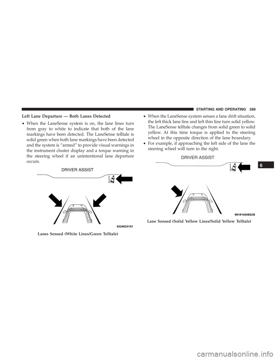 DODGE CHARGER SRT 2019  Owners Manual Left Lane Departure — Both Lanes Detected
•When the LaneSense system is on, the lane lines turn
from gray to white to indicate that both of the lane
markings have been detected. The LaneSense tell