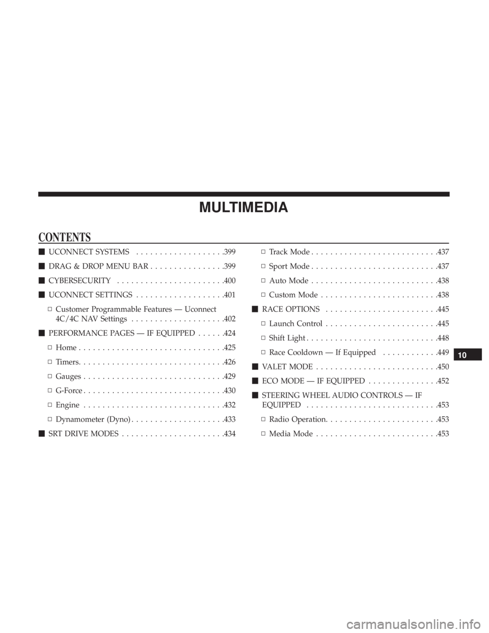 DODGE CHARGER SRT 2019  Owners Manual MULTIMEDIA
CONTENTS
UCONNECT SYSTEMS ...................399
 DRAG & DROP MENU BAR ................399
 CYBERSECURITY ...................... .400
 UCONNECT SETTINGS ...................401
▫ Custo