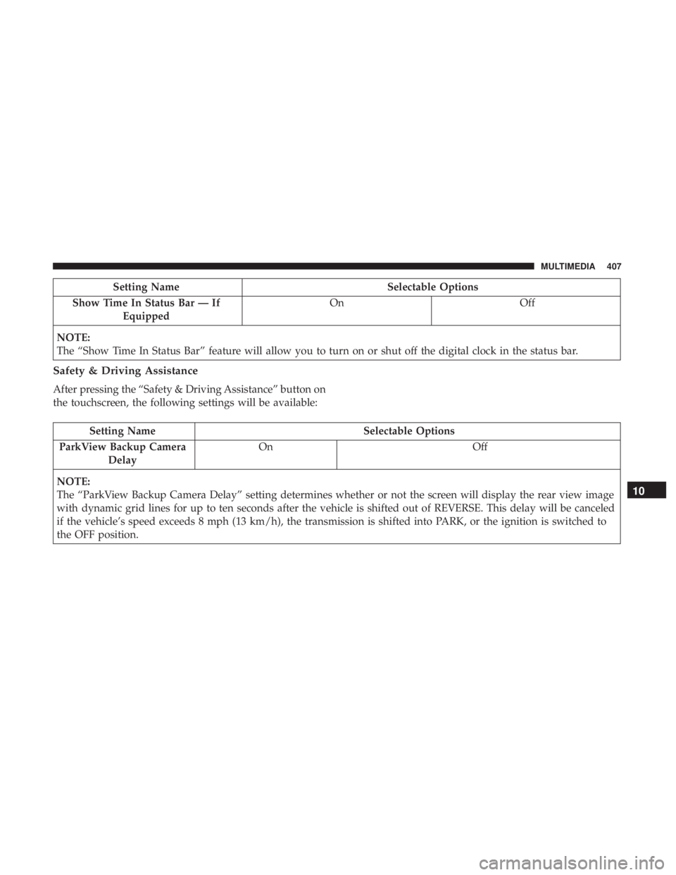 DODGE CHARGER SRT 2019  Owners Manual Setting NameSelectable Options
Show Time In Status Bar — If Equipped On
Off
NOTE:
The “Show Time In Status Bar” feature will allow you to turn on or shut off the digital clock in the status bar.