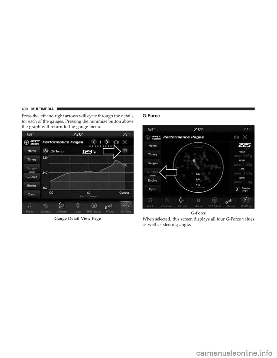 DODGE CHARGER SRT 2019  Owners Manual Press the left and right arrows will cycle through the details
for each of the gauges. Pressing the minimize button above
the graph will return to the gauge menu.G-Force
When selected, this screen dis