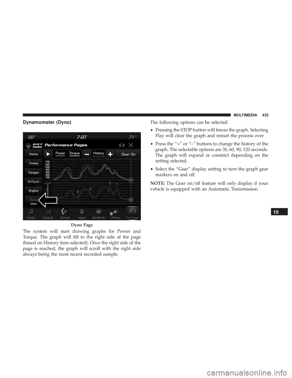 DODGE CHARGER SRT 2019  Owners Manual Dynamometer (Dyno)
The system will start drawing graphs for Power and
Torque. The graph will fill to the right side of the page
(based on History time selected). Once the right side of the
page is rea