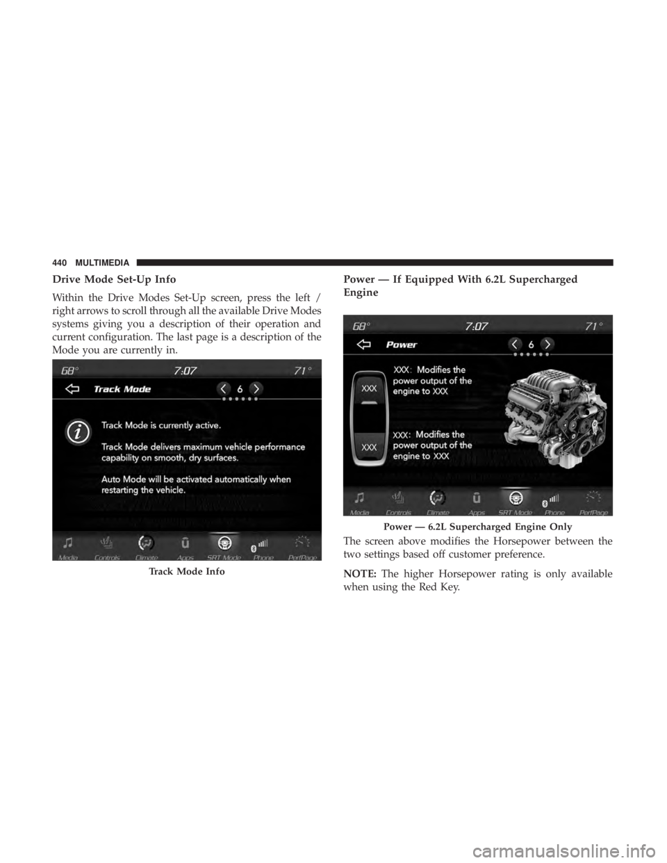 DODGE CHARGER SRT 2019  Owners Manual Drive Mode Set-Up Info
Within the Drive Modes Set-Up screen, press the left /
right arrows to scroll through all the available Drive Modes
systems giving you a description of their operation and
curre
