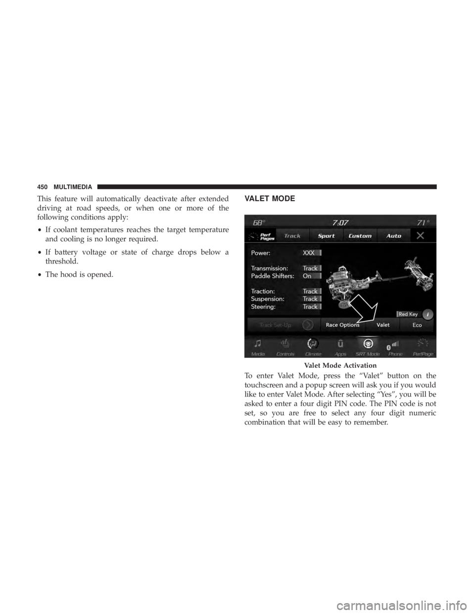 DODGE CHARGER SRT 2019  Owners Manual This feature will automatically deactivate after extended
driving at road speeds, or when one or more of the
following conditions apply:
•If coolant temperatures reaches the target temperature
and c