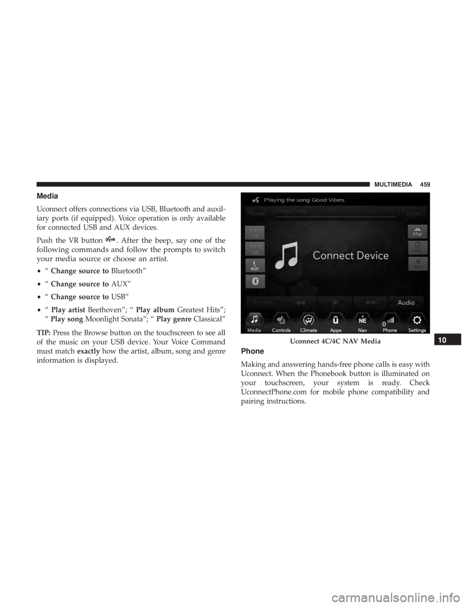 DODGE CHARGER SRT 2019  Owners Manual Media
Uconnect offers connections via USB, Bluetooth and auxil-
iary ports (if equipped). Voice operation is only available
for connected USB and AUX devices.
Push the VR button
. After the beep, say 