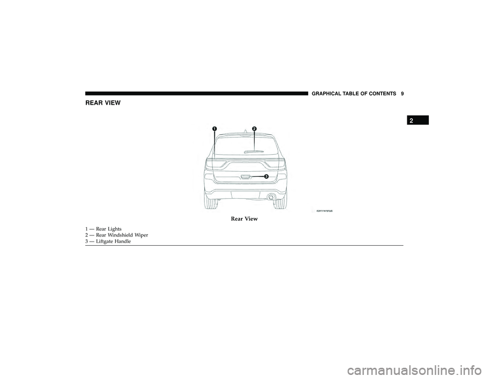 DODGE DURANGO 2019 User Guide REAR VIEW
Rear View
1 — Rear Lights
2 — Rear Windshield Wiper
3 — Liftgate Handle
2
GRAPHICAL TABLE OF CONTENTS 9 