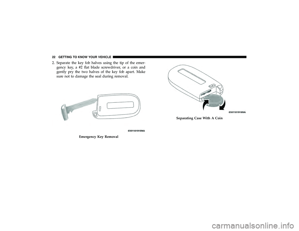 DODGE DURANGO 2019 Owners Manual 2. Separate the key fob halves using the tip of the emer-gency key, a #2 flat blade screwdriver, or a coin and
gently pry the two halves of the key fob apart. Make
sure not to damage the seal during r