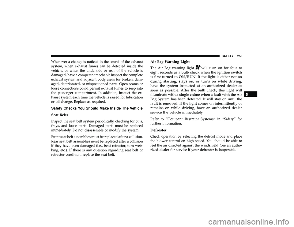 DODGE DURANGO 2019  Owners Manual Whenever a change is noticed in the sound of the exhaust
system, when exhaust fumes can be detected inside the
vehicle, or when the underside or rear of the vehicle is
damaged, have a competent mechan