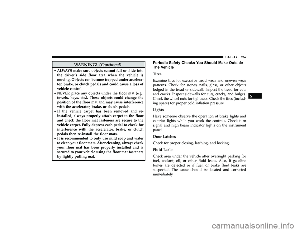DODGE DURANGO 2019  Owners Manual WARNING!(Continued)
•ALWAYS make sure objects cannot fall or slide into
the driver ’s side floor area when the vehicle is
moving. Objects can become trapped under accelera-
tor, brake, or clutch p