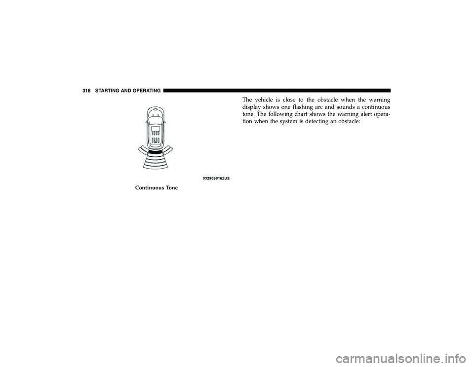 DODGE DURANGO 2019 Manual PDF The vehicle is close to the obstacle when the warning
display shows one flashing arc and sounds a continuous
tone. The following chart shows the warning alert opera-
tion when the system is detecting 