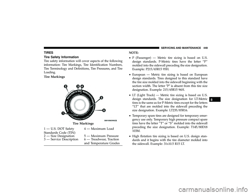 DODGE DURANGO 2019  Owners Manual TIRES
Tire Safety Information
Tire safety information will cover aspects of the following
information: Tire Markings, Tire Identification Numbers,
Tire Terminology and Definitions, Tire Pressures, and