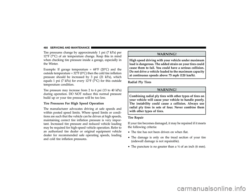 DODGE DURANGO 2019 Owners Manual Tire pressures change by approximately 1 psi (7 kPa) per
12°F (7°C) of air temperature change. Keep this in mind
when checking tire pressure inside a garage, especially in
the Winter.
Example: If ga DODGE DURANGO 2019 Owners Manual Tire pressures change by approximately 1 psi (7 kPa) per
12°F (7°C) of air temperature change. Keep this in mind
when checking tire pressure inside a garage, especially in
the Winter.
Example: If ga