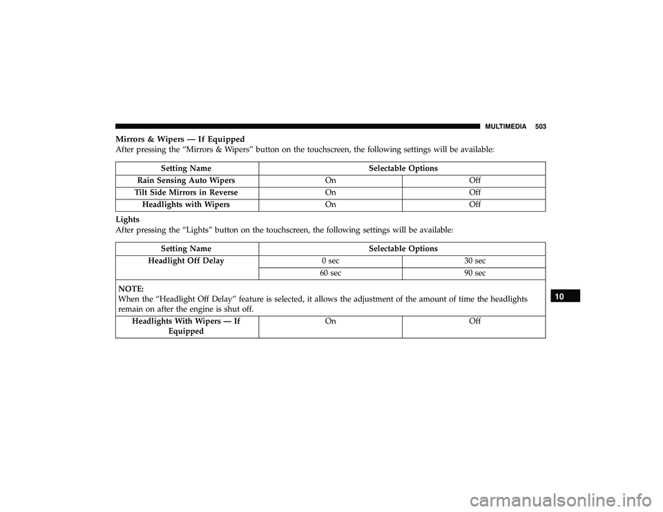 DODGE DURANGO 2019 Owners Manual Mirrors & Wipers — If Equipped
After pressing the “Mirrors & Wipers” button on the touchscreen, the following settings will be available:
Setting NameSelectable Options
Rain Sensing Auto Wipers DODGE DURANGO 2019 Owners Manual Mirrors & Wipers — If Equipped
After pressing the “Mirrors & Wipers” button on the touchscreen, the following settings will be available:
Setting NameSelectable Options
Rain Sensing Auto Wipers